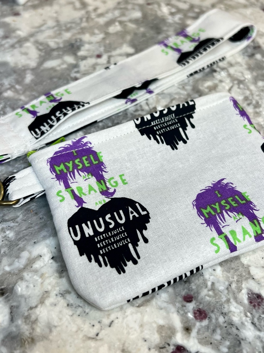 Beetlejuice-Inspired Wristlet Pouch - White with Purple & Green